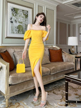 Spaghetti Strap Puff Sleeve High Slit Midi Dress S / Yellow